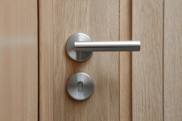 Obraz premium Minimalist wooden office door with vertical grain and brushed metal handle 