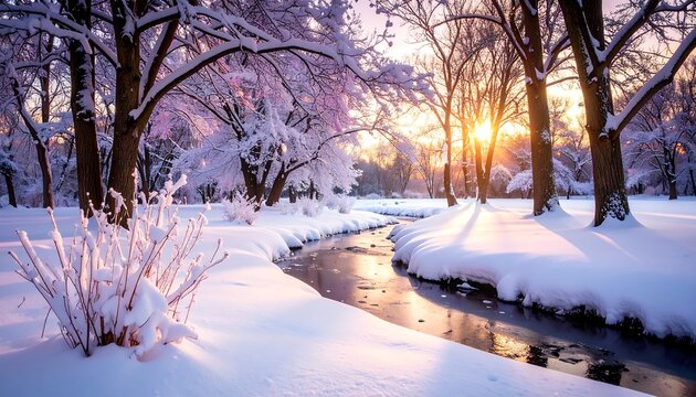 Snowy Winter Landscape with Stream and Trees at Sunset