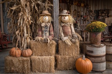 Two cheerful scarecrows sit on hay bales in a rustic setting adorned with pumpkins and flowers. The scene captures the essence of autumn and harvest celebrations