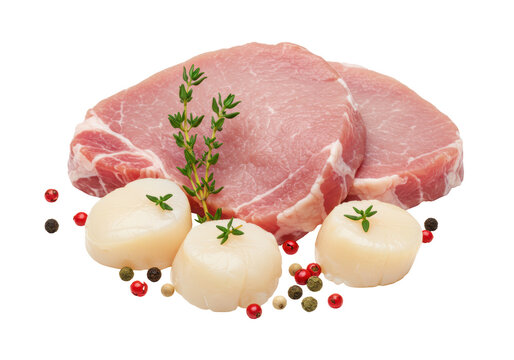 Isolated Still Life of Pork Chops, Scallops, Thyme Sprig, and Peppercorns for a Fine Meal