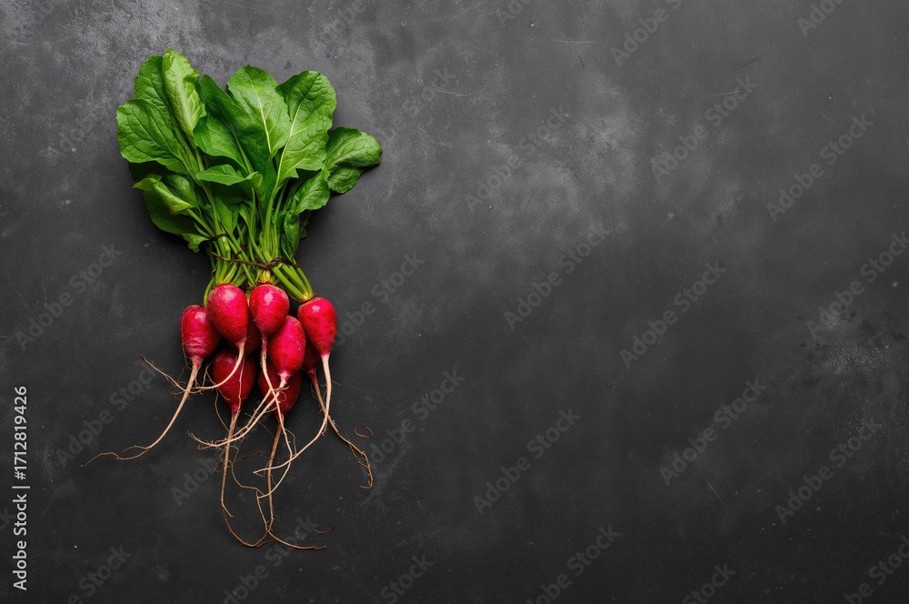 Poster overhead view of a bundle of radishes with leaves on a dark background, space available for text