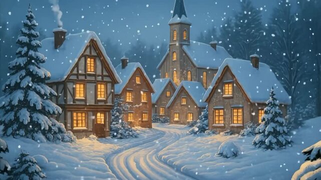 Charming winter village scene with snow-covered houses and a church. Warm lights glow from windows. Aerial angle captures the cozy atmosphere, perfect for a holiday video. Live desktop wallpaper.