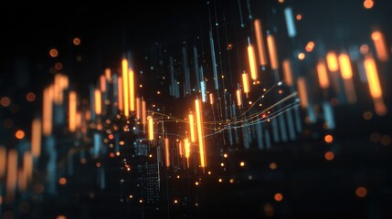dynamic financial chart with glowing candlestick bars showing market trends and data visualization