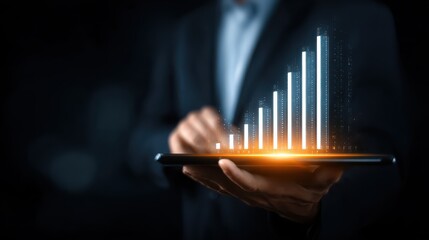 businessman holding tablet with glowing upward bar graph for success growth performance analytics and financial business chart representation in virtual futuristic data visualization