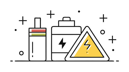 Battery Energy Storage System with Warning Sign Illustration for Renewable Power