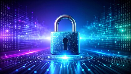 Digital padlock on a glowing circuit board background