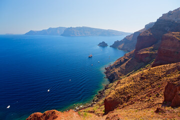 Panoramic view of Santorini Island at sunset, Cyclades Islands, Greece