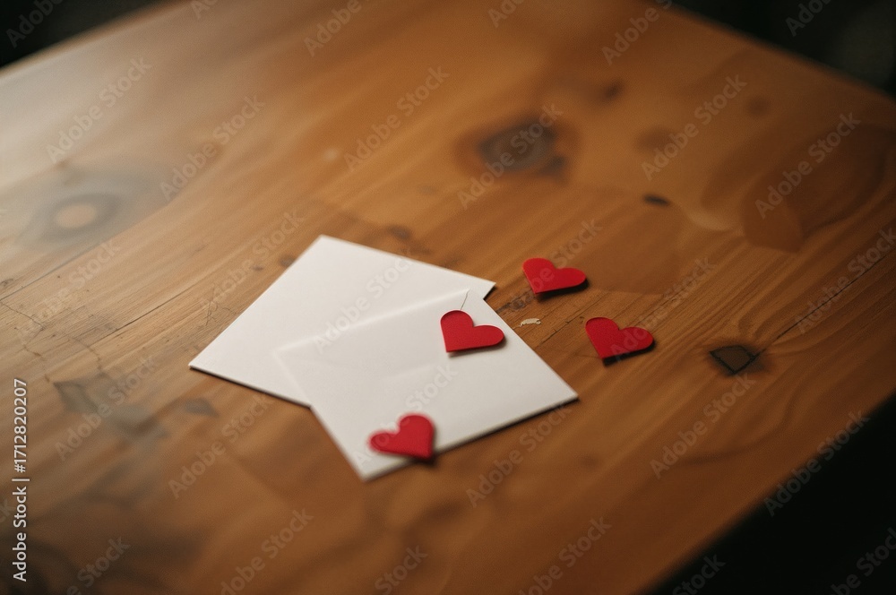 Poster a white empty greeting card with a paper envelope and red paper hearts displayed on a wooden surface