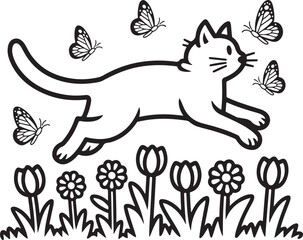 Cat with Butterflies Outline Drawing for Coloring Page