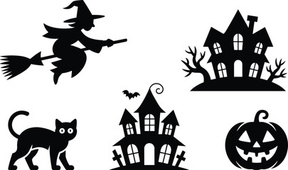 Halloween silhouette, flying witch, haunted house, black cat, spooky pumpkin, bat illustration, horror night clipart, creepy Halloween vector