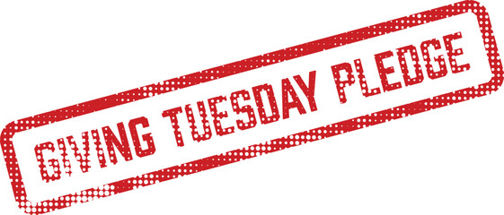 A red Giving Tuesday Pledge stamp features a halftone pattern and angled design
