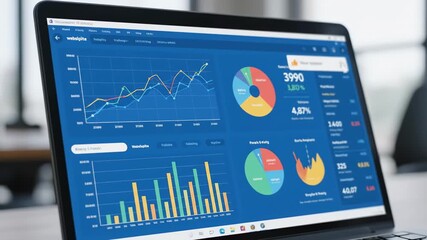 Laptop Screen Showing Website Analytics - Close-up view of a laptop screen displaying colorful graphs and charts representing website traffic metrics, analytics, and blog ranking data.