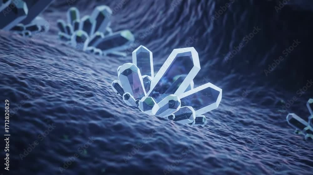 Poster Crystal Formations in Cellular Structure - Close-up view of a microscopic cellular structure with clusters of transparent crystals. The crystals appear to be growing on a textured, dark blue surface.