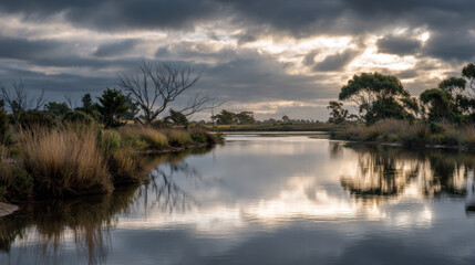Serene landscape featuring a calm river surrounded by tall grass and silhouettes of trees against a dramatic cloudy sky reflecting in the water during twilight hours.
