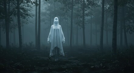 A spectral figure stands in a misty woodland, illuminated by glowing eyes.