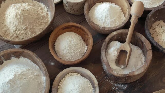 Selection of raw ingredients for baking or cooking, presented in traditional wooden bowls.