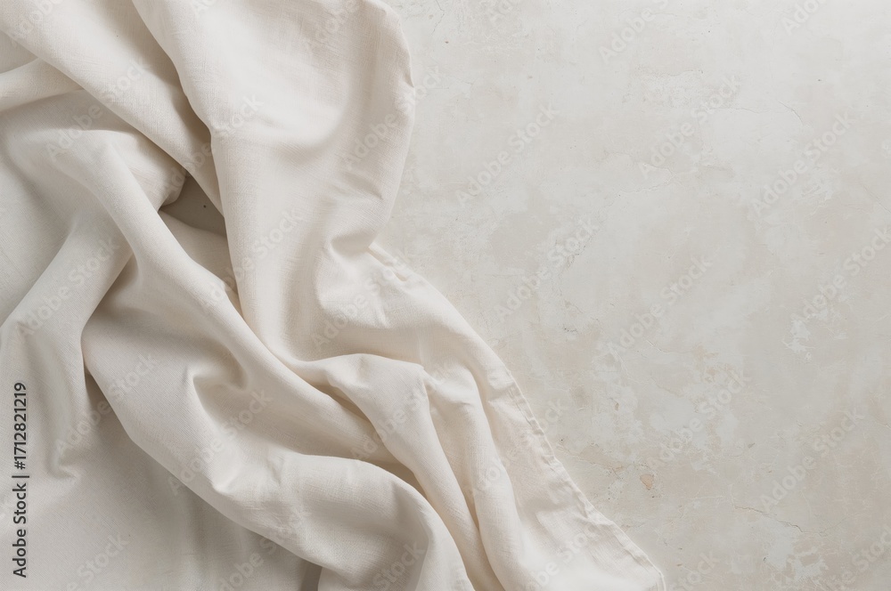 Poster lightly washed linen textile on a textured stone backdrop with empty space