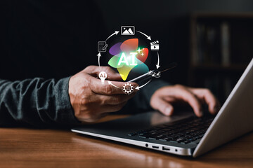 person use smartphone and laptop with a glowing AI logo surrounded by icons for text,image,video,and music creation representing ai assistant,generative technology,automation,and creative innovation.