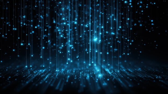 against a dark background blue light spots cascade like beams as if data pouring creating a tech  futuristic data  flow scene - Powered by Adobe
