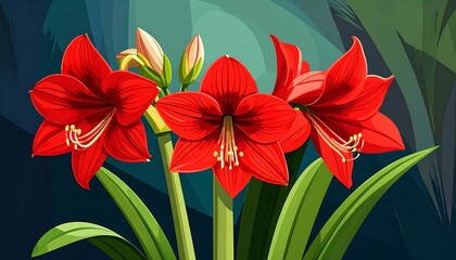 Vibrant red amaryllis flowers in a dark, stylized garden