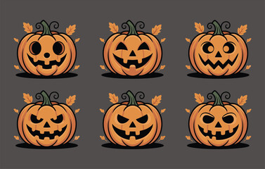 Set of six carved Halloween pumpkins with autumn leaves, featuring funny, cute, scary, spooky jack-o’-lantern faces for seasonal decoration, design, and holiday artwork