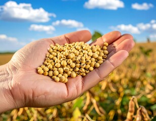 Handful of soybeans held outdoors