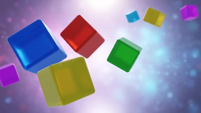 Colorful Cubes Floating in Dreamy Space - Several brightly colored, translucent cubes float against a soft, dreamy purple and blue background with bokeh effects.