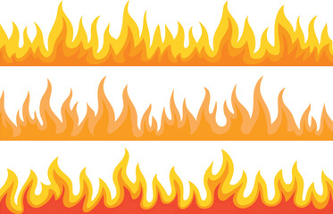 Three horizontal borders of stylized orange and yellow flames on a white background Keywords: fire, flame, border, pattern, heat, energy, abstract