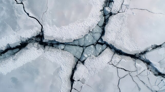 Aerial top-down view of cracked sea ice floes and dark water in the Arctic Ocean