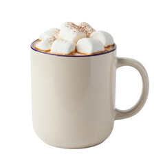 Hot chocolate topped with marshmallows in a beige mug on white background  