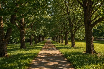 Trail in a bright summer garden with lush greenery and trees