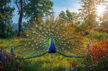 Colorful peacock displaying its feathers in a natural setting