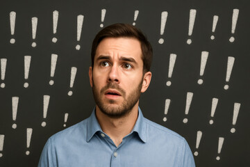 A man looks upwards with a concerned expression as white exclamation marks surround him on a blackboard background. He wears a light blue shirt, standing against the chalk-drawn symbols.AI generated.
