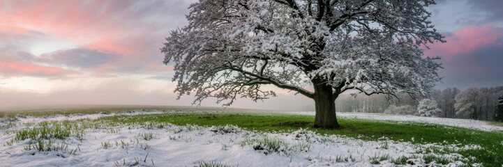 A banner depicting a snowy landscape with a delicate layer of fresh snow on green grass. A single tall tree, its branches decorated with snow, and the sky is painted in delicate blue tones.