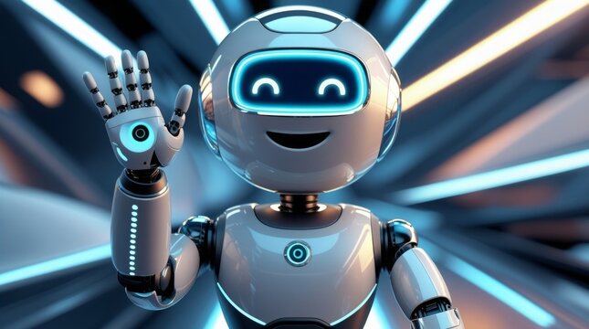  Joyful futuristic AI robot with round head and glowing face screen, waving cheerfully as a helpful virtual assistant 