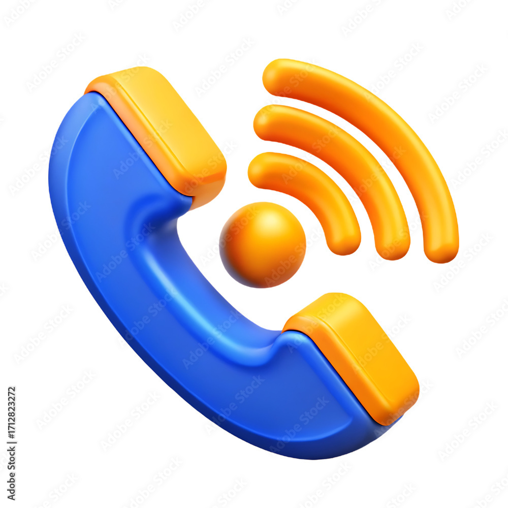 Poster retro blue and orange phone handset with wireless signal waves icon symbolizing communication techno