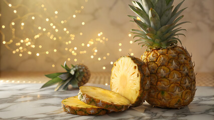 Delicious tropical pineapple slices and whole fruit amidst bokeh lights for refreshing summer vibes