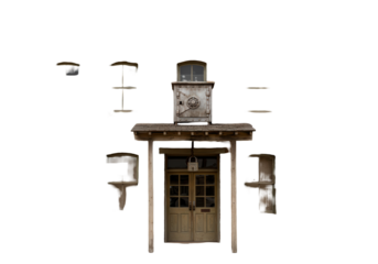 Isolated old-fashioned bank vault entrance with double door and shingled roof, aged, weathered