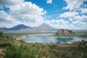 Wide view of volcanic peaks with water and sky in the background, showcasing natural scenery and mountainous terrain