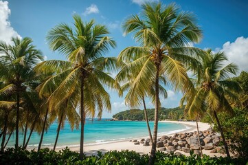 Tropical beach scene with palm trees on a remote island coastline
