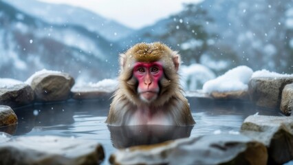 Obraz premium Snow monkey in a hot spring