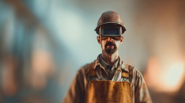 Stoic Welder Portrait with Vintage Helmet in Cinematic Workshop Light.
