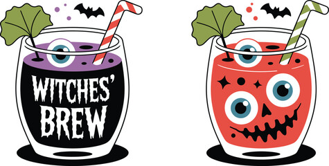 Halloween witches brew drinks, spooky eyeball cocktails, creepy party beverages, scary glass design, festive holiday refreshment, horror drink illustration, gothic celebration artwork