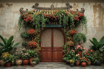 Arch adorned with potted plants as decorative elements in Asian style