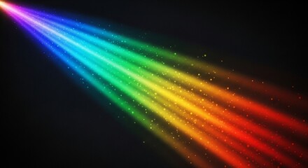 Obraz premium Vibrant rainbow light beams with sparkling particles illuminate a dark background, creating a magical and dynamic visual effect perfect for celebrations and abstract designs.
