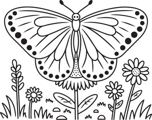 Butterfly Coloring Page with Flowers and Garden Scene