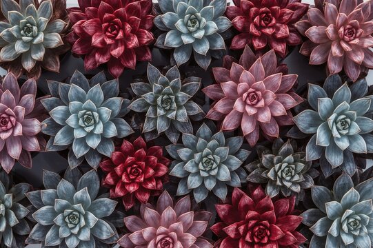 Vibrant succulents in shades of purple, blue, red, and pink from above