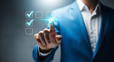 Businessman in a blue suit pressing a glowing checkmark on a digital checklist, symbolizing task completion and success