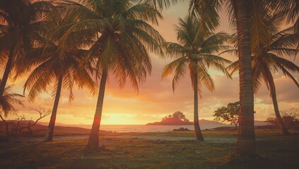 Silhouettes of palm trees set against a breathtaking twilight sky