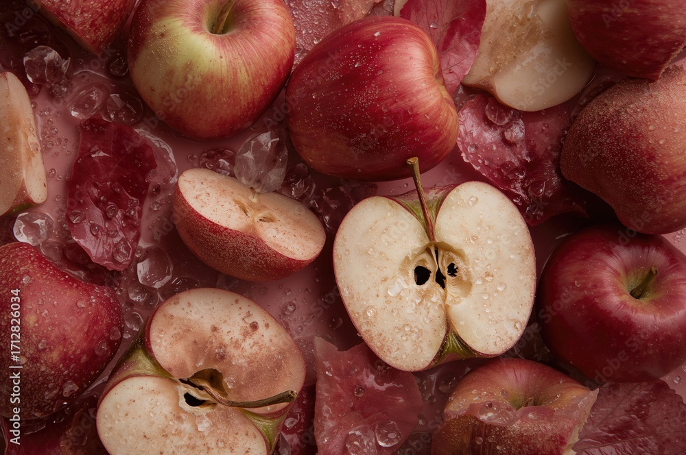 Poster assortment of red apples arranged separately on a plain backdrop. complete fruits and slices. design